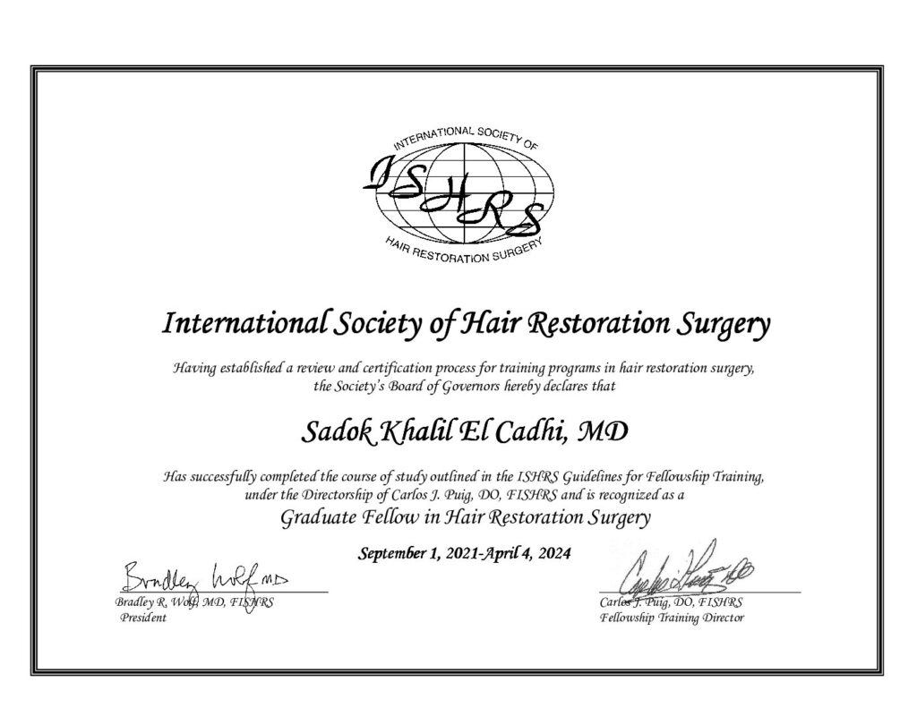 Certificat ISHRS Graduate Fellow in Hair Restoration Surgery — Dr Khalil El Cadhi
