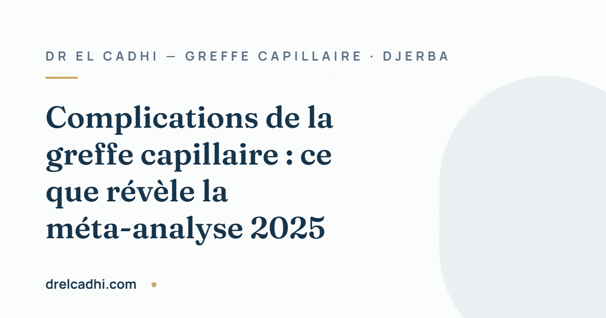 Illustration titrée de l’article « Complications de la greffe capillaire : ce que révèle la méta-analyse 2025 » — drelcadhi.com
