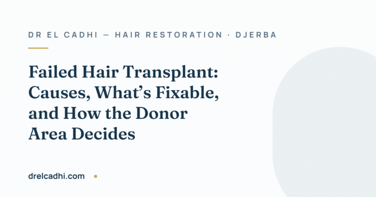 Title card for the article “Failed Hair Transplant: Causes, What’s Fixable, and How the Donor Area Decides” — drelcadhi.com