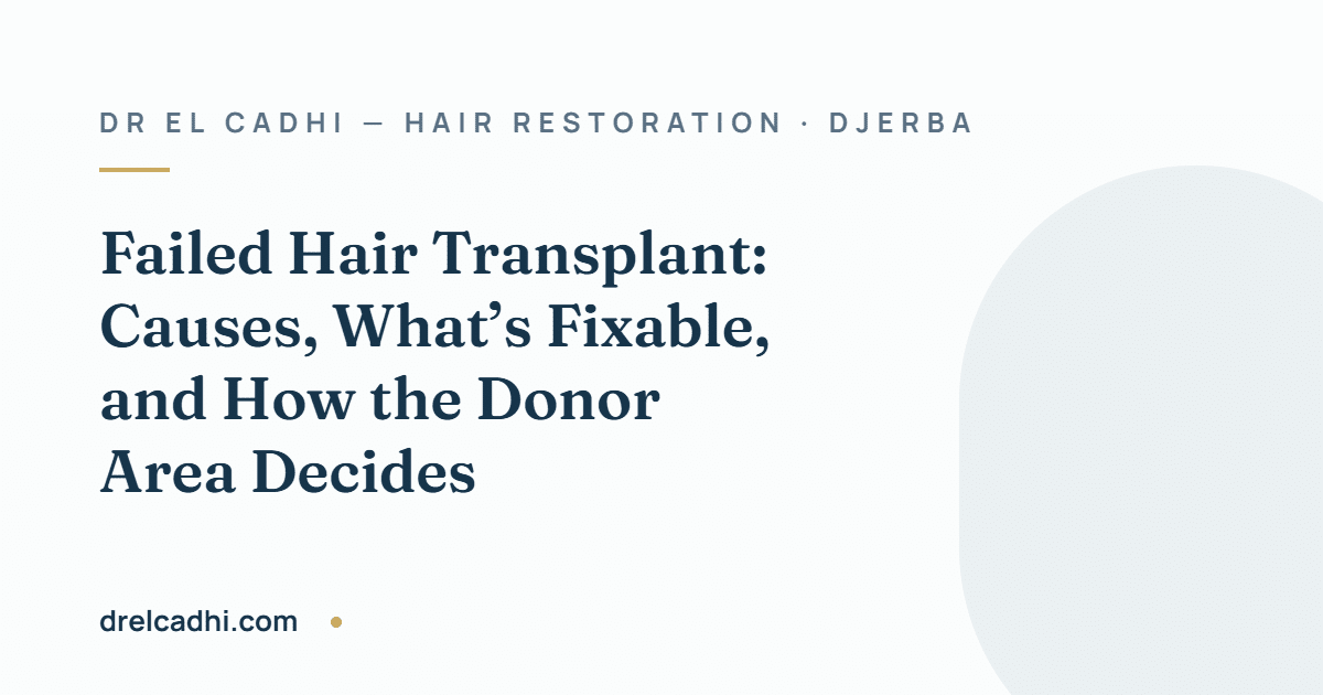 Title card for the article “Failed Hair Transplant: Causes, What’s Fixable, and How the Donor Area Decides” — drelcadhi.com
