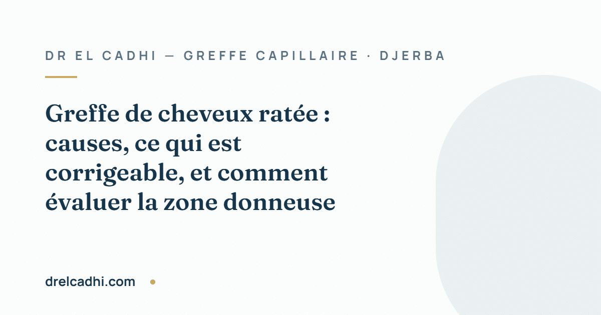 Illustration titrée de l’article « Greffe de cheveux ratée : causes, ce qui est corrigeable, et comment évaluer la zone donneuse » — drelcadhi.com