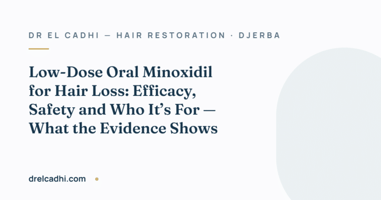 Title card for the article “Low-Dose Oral Minoxidil for Hair Loss: Efficacy, Safety and Who It’s For — What the Evidence Shows” — drelcadhi.com