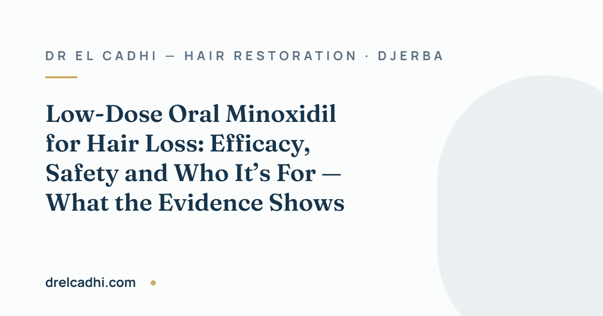 Title card for the article “Low-Dose Oral Minoxidil for Hair Loss: Efficacy, Safety and Who It’s For — What the Evidence Shows” — drelcadhi.com