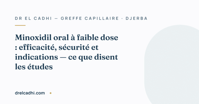 Illustration titrée de l’article « Minoxidil oral à faible dose : efficacité, sécurité et indications — ce que disent les études » — drelcadhi.com