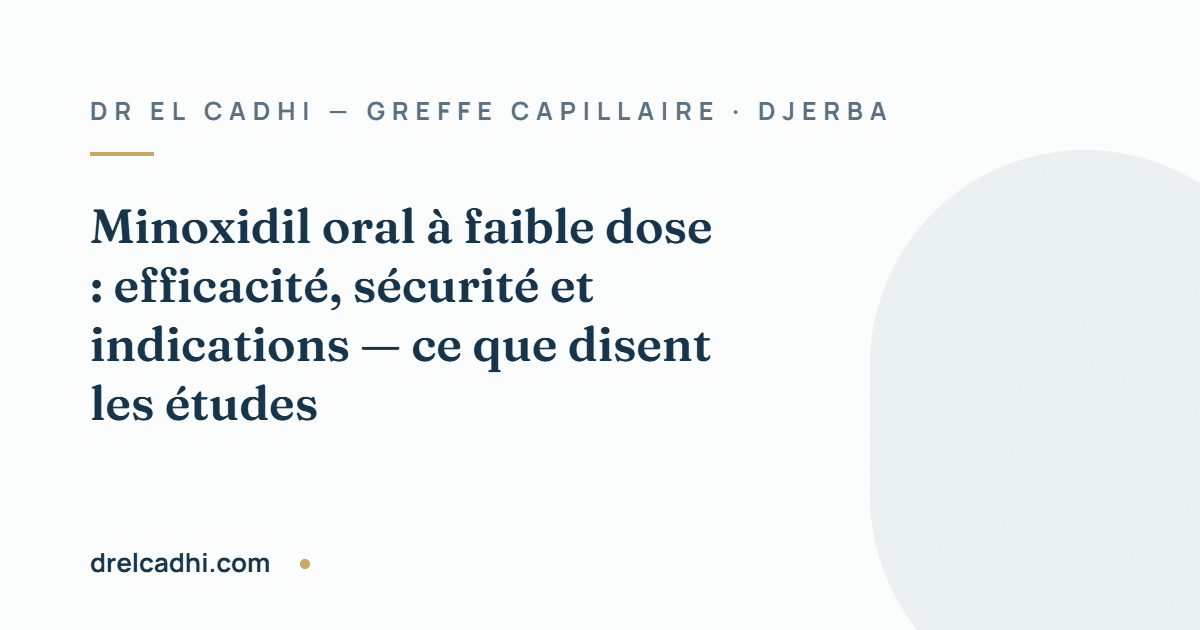 Illustration titrée de l’article « Minoxidil oral à faible dose : efficacité, sécurité et indications — ce que disent les études » — drelcadhi.com