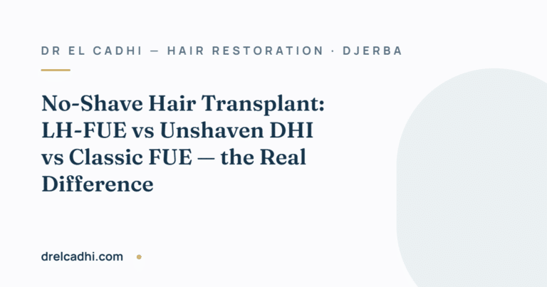 Title card for the article “No-Shave Hair Transplant: LH-FUE vs Unshaven DHI vs Classic FUE — the Real Difference” — drelcadhi.com