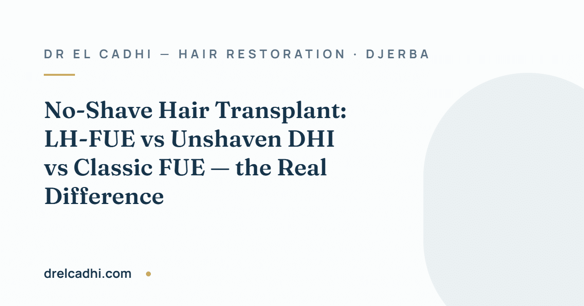 Title card for the article “No-Shave Hair Transplant: LH-FUE vs Unshaven DHI vs Classic FUE — the Real Difference” — drelcadhi.com