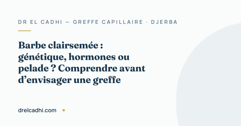 Illustration titrée de l’article « Barbe clairsemée : génétique, hormones ou pelade ? Comprendre avant d’envisager une greffe »