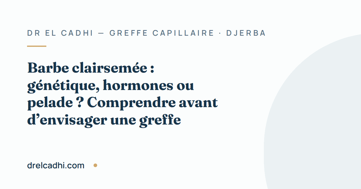 Illustration titrée de l’article « Barbe clairsemée : génétique, hormones ou pelade ? Comprendre avant d’envisager une greffe »
