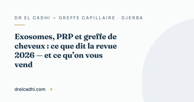 Illustration titrée de l’article « Exosomes, PRP et greffe de cheveux : ce que dit la revue 2026 — et ce qu’on vous vend »