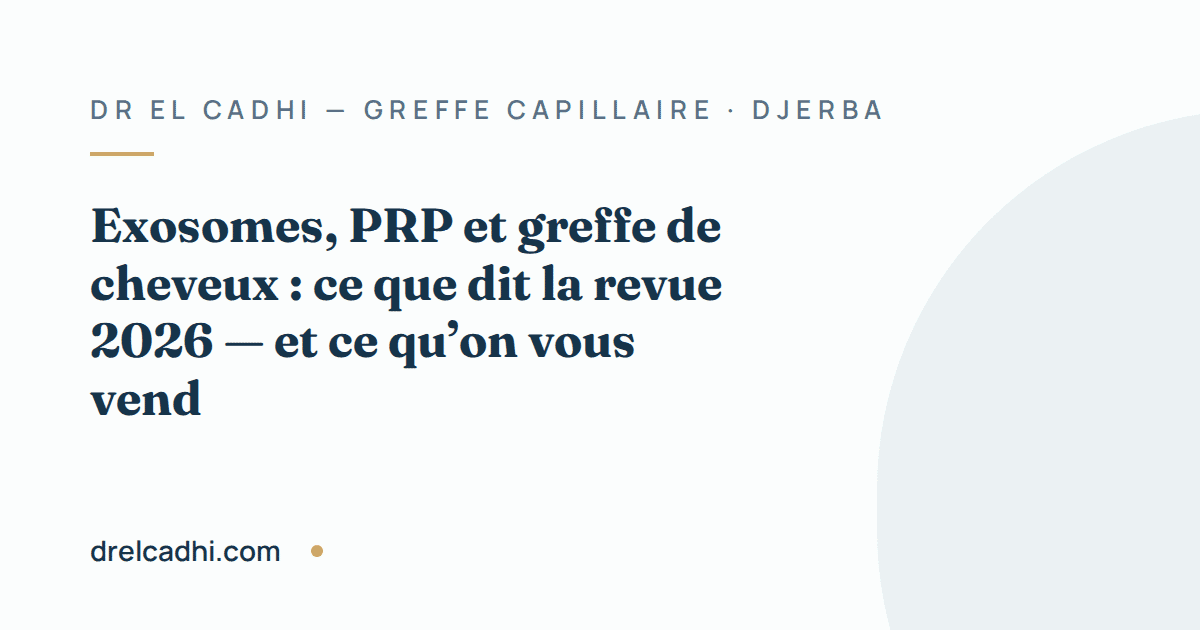 Illustration titrée de l’article « Exosomes, PRP et greffe de cheveux : ce que dit la revue 2026 — et ce qu’on vous vend »