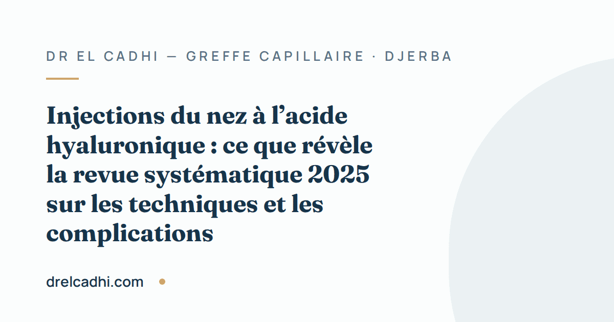 Illustration titrée de l’article « Injections du nez à l’acide hyaluronique : ce que révèle la revue systématique 2025 sur les techniques et les complications »