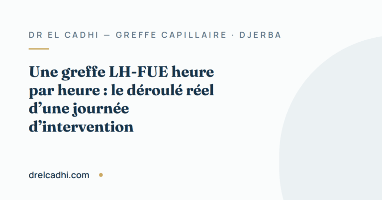 Illustration titrée de l’article « Une greffe LH-FUE heure par heure : le déroulé réel d’une journée d’intervention »