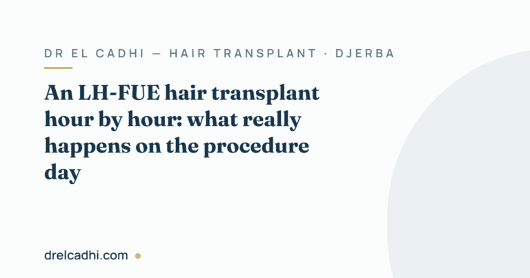 Title card for the article "An LH-FUE hair transplant hour by hour: what really happens on the procedure day" — drelcadhi.com