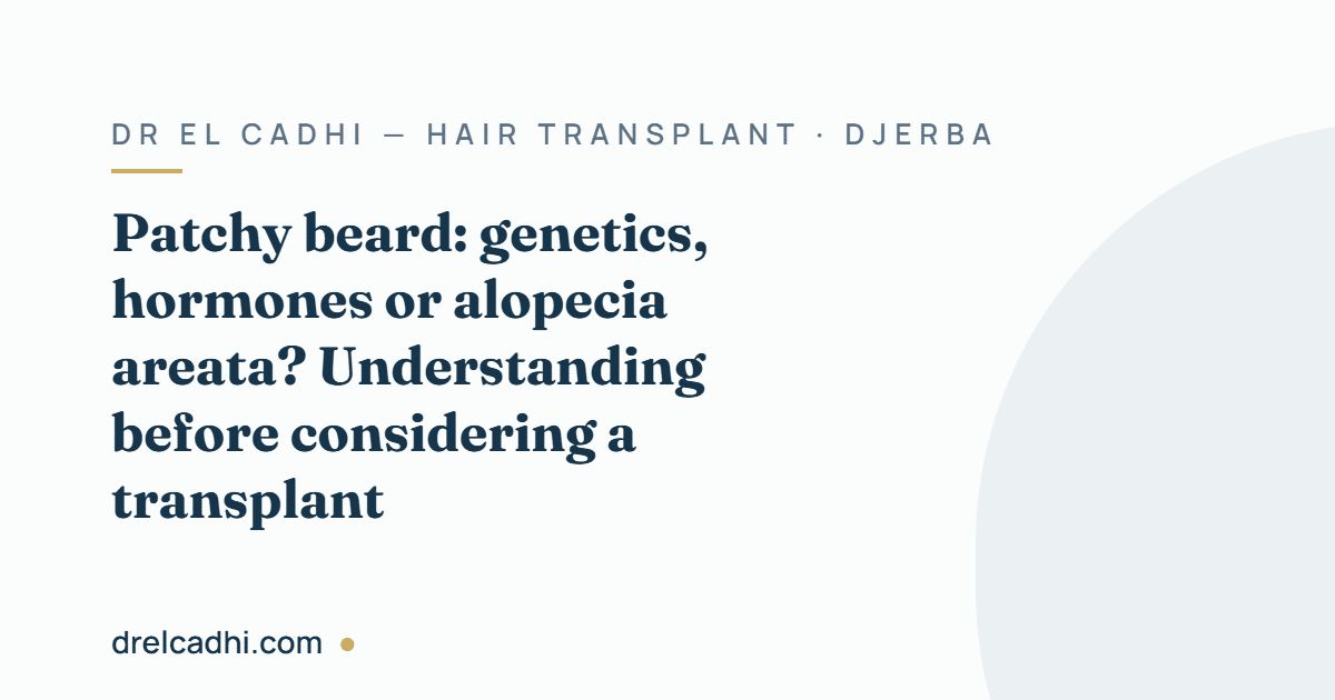 Title card for the article "Patchy beard: genetics, hormones or alopecia areata? Understanding before considering a transplant" — drelcadhi.com