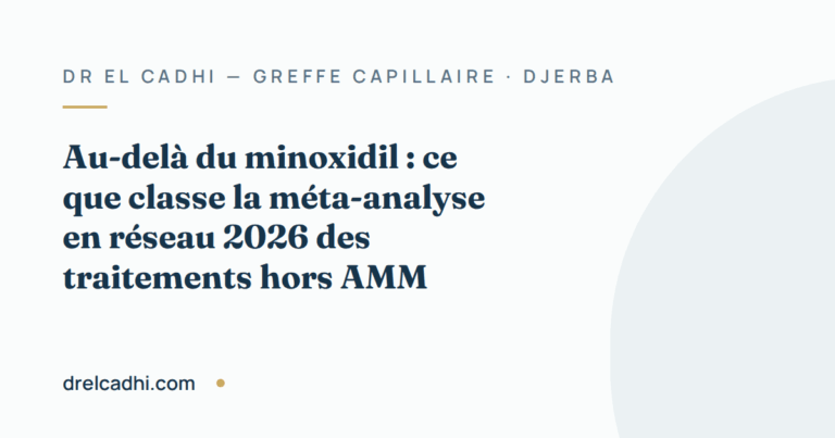 Illustration titrée de l’article « Au-delà du minoxidil : ce que classe la méta-analyse en réseau 2026 des traitements hors AMM »