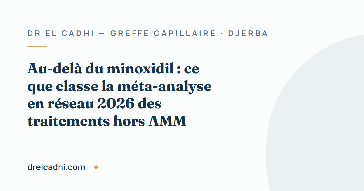 Illustration titrée de l’article « Au-delà du minoxidil : ce que classe la méta-analyse en réseau 2026 des traitements hors AMM »